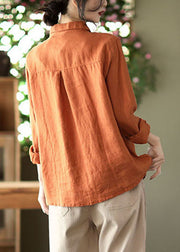 Plus Size Orange button Peter Pan Collar Embroideried Linen Blouses Spring