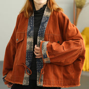 Plus Size Orange retro Patchwork Loose Fall Coat