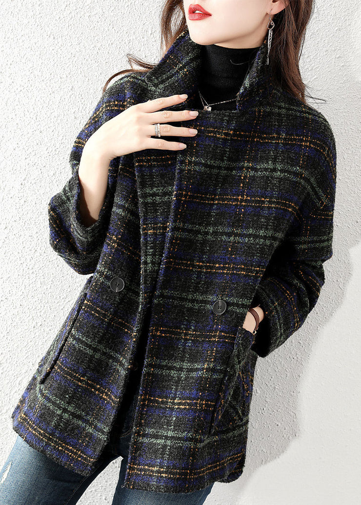 Plus Size Peter Pan Collar Plaid Woolen Coat Winter