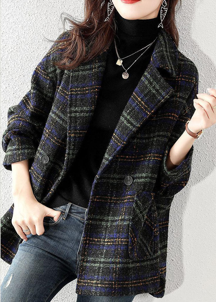 Plus Size Peter Pan Collar Plaid Woolen Coat Winter