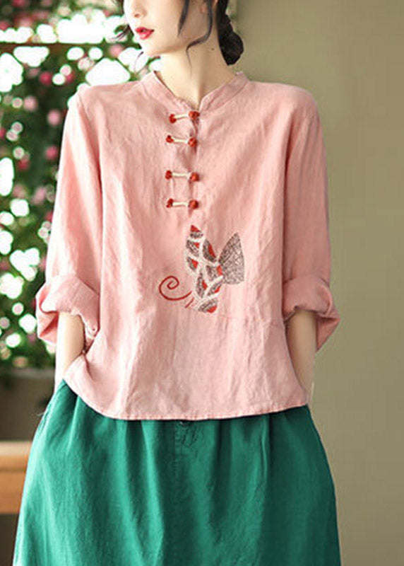 Plus Size Pink O-Neck Embroideried Linen Top Long Sleeve