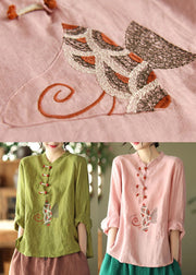 Plus Size Pink O-Neck Embroideried Linen Top Long Sleeve