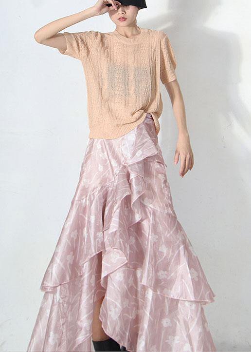 Plus Size Pink Print Summer Ruffles low high design Skirt - SooLinen