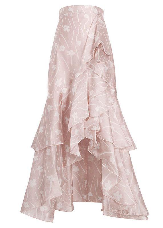 Plus Size Pink Print Summer Ruffles low high design Skirt - SooLinen