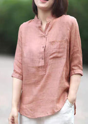 Plus Size Pink Stand Collar pockets Linen Blouses top Half Sleeve