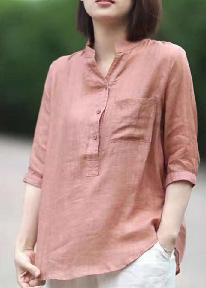 Plus Size Pink Stand Collar pockets Linen Blouses top Half Sleeve