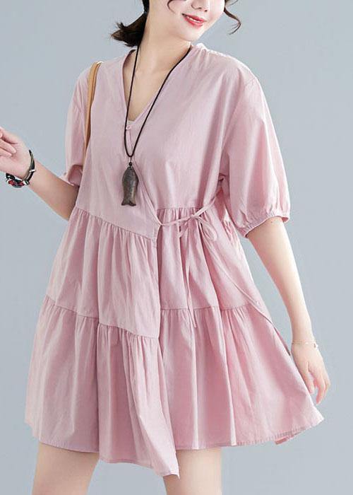 Plus Size Pink V Neck Cinched Ankle Summer Cotton Dress - SooLinen