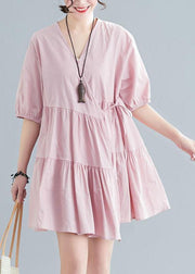 Plus Size Pink V Neck Cinched Ankle Summer Cotton Dress - SooLinen