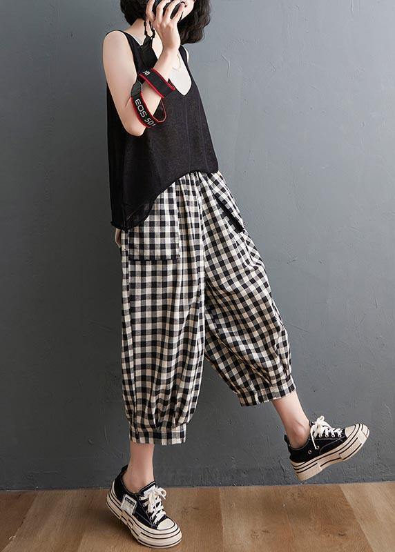 Plus Size Plaid Elastic Waist Casual Harem Pants Summer Cotton Linen - SooLinen