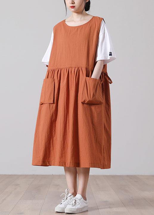 Plus Size Pockets Orange Mid big hem Summer Cotton Dress - SooLinen