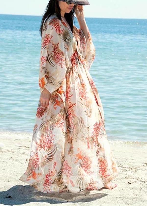 Plus Size Print tie waist kimono robe Oversize Chiffon Dress - SooLinen