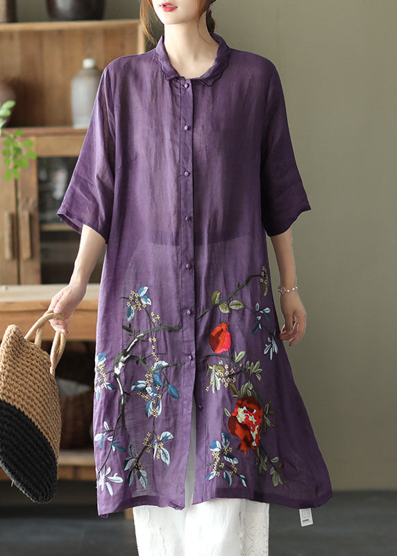 Plus Size Purple Button Embroideried Fall Shirt Half Sleeve