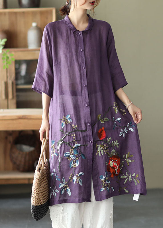 Plus Size Purple Button Embroideried Fall Shirt Half Sleeve