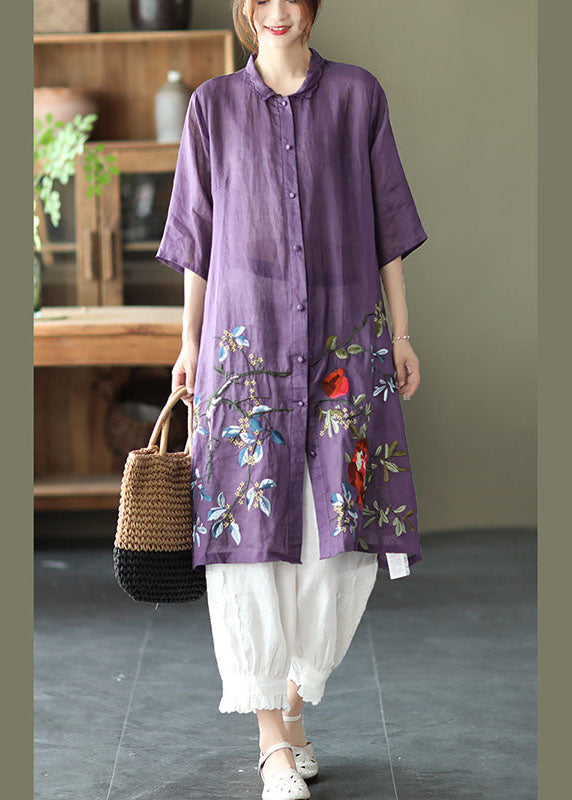 Plus Size Purple Button Embroideried Fall Shirt Half Sleeve