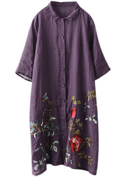 Plus Size Purple Button Embroideried Fall Shirt Half Sleeve