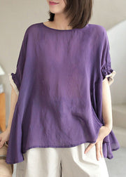 Plus Size Purple O-Neck Patchwork Ruffled Fall Shirt Half Sleeve