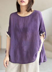 Plus Size Purple O-Neck Patchwork Ruffled Fall Shirt Half Sleeve