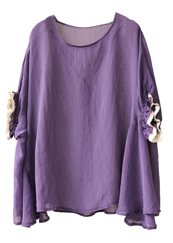 Plus Size Purple O-Neck Patchwork Ruffled Fall Shirt Half Sleeve