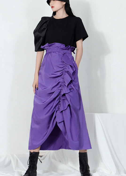 Plus Size Purple Ruffled drawstring Skirt Spring