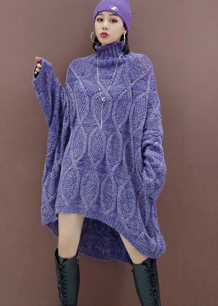 Plus Size Purple low high design Long Knit Dress Spring