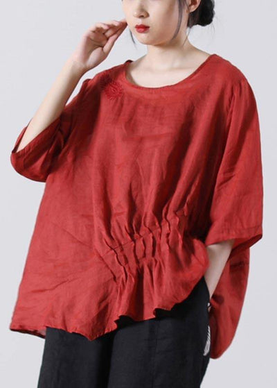 Plus Size Red Cinched Cotton Linen Summer Blouse Top - SooLinen