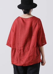 Plus Size Red Cinched Cotton Linen Summer Blouse Top - SooLinen