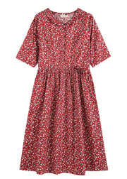 Plus Size Red Cinched Print Button Cotton Long Dress Half Sleeve