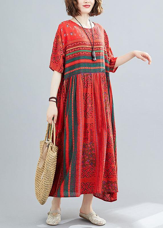 Plus Size Red Loose Patchwork Print Summer Dress - SooLinen