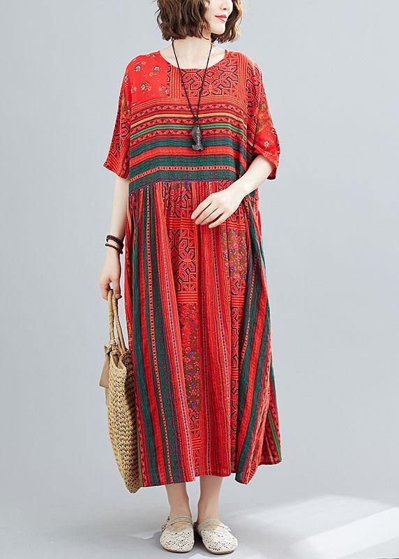 Plus Size Red Loose Patchwork Print Summer Dress - SooLinen