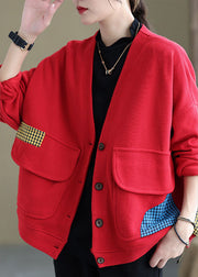 Plus Size Red Loose Pockets Button Fall Long sleeve Coat