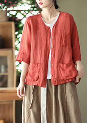 Plus Size Red O-Neck Pockets Linen Loose Cardigans Half Sleeve