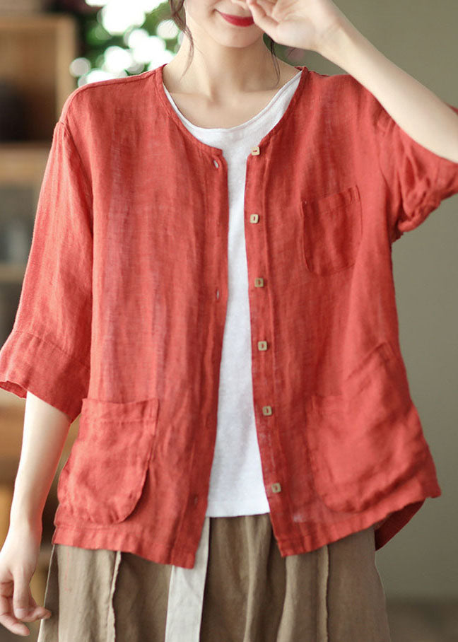 Plus Size Red O-Neck Pockets Linen Loose Cardigans Half Sleeve