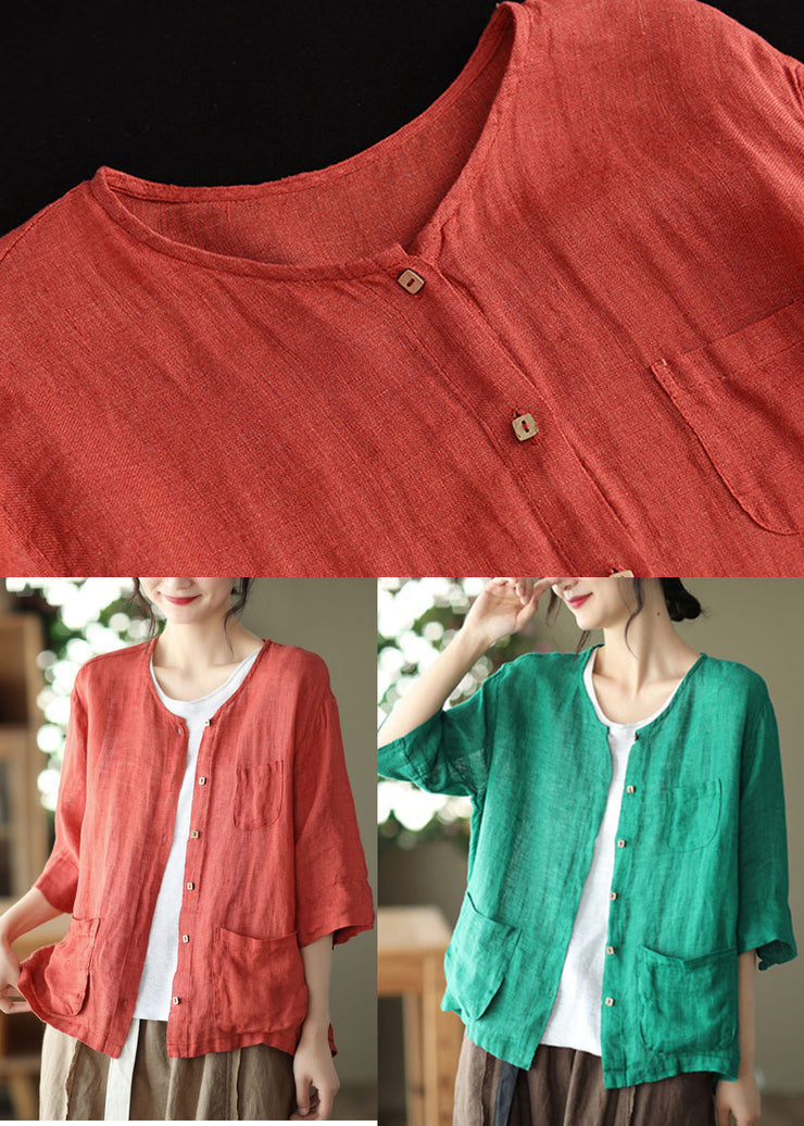 Plus Size Red O-Neck Pockets Linen Loose Cardigans Half Sleeve