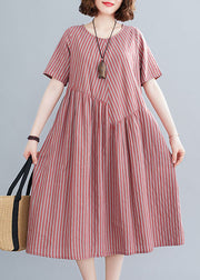 Plus Size Red O-Neck Wrinkled Striped Pockets Cotton Long Dress Short Sleeve