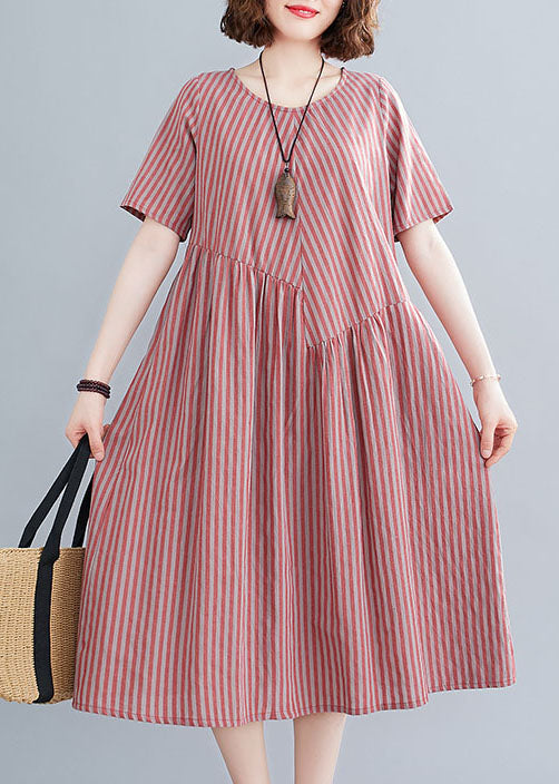 Plus Size Red O-Neck Knitted Striped Pockets Cotton Long Dress Short Sleeve