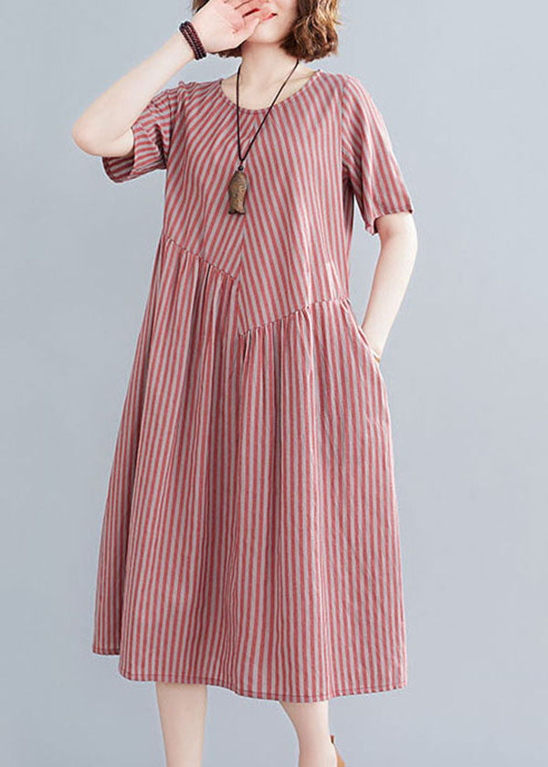 Plus Size Red O-Neck Knitted Striped Pockets Cotton Long Dress Short Sleeve