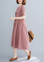 Plus Size Red O-Neck Knitted Striped Pockets Cotton Long Dress Short Sleeve