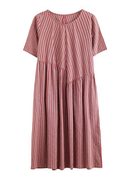 Plus Size Red O-Neck Knitted Striped Pockets Cotton Long Dress Short Sleeve