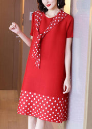 Plus Size Red Patchwork Dot A Line Mid Summer Dress - SooLinen