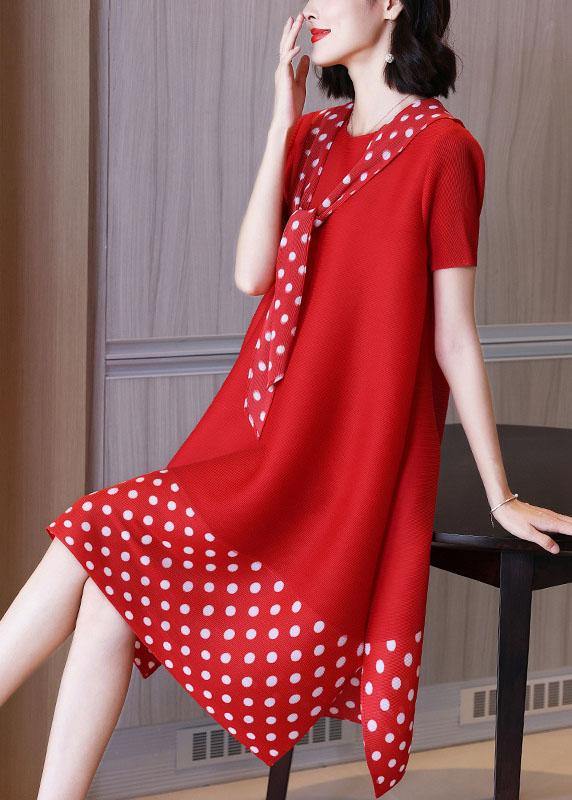 Plus Size Red Patchwork Dot A Line Mid Summer Dress - SooLinen