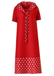 Plus Size Red Patchwork Dot A Line Mid Summer Dress - SooLinen