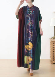 Plus Size Red Purple Green Print Batwing Sleeve Mid Summer Chiffon Dress - SooLinen