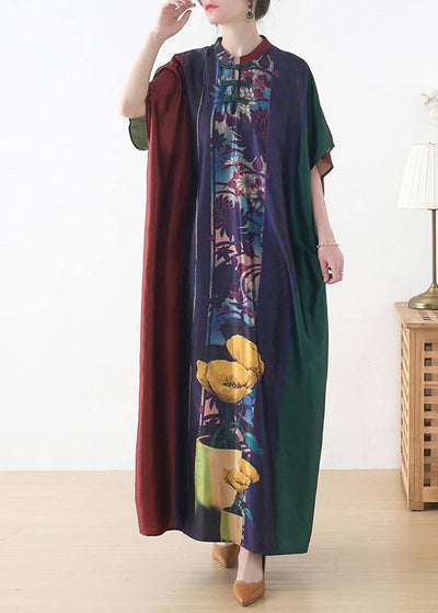 Plus Size Red Purple Green Print Batwing Sleeve Mid Summer Chiffon Dress - SooLinen