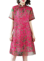 Plus Size Red Stand Collar print Silk Dress Short Sleeve