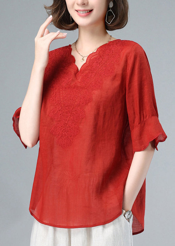 Plus Size Red V Neck Embroideried Patchwork Linen Tops Summer