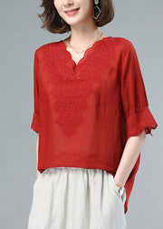 Plus Size Red V Neck Embroideried Patchwork Linen Tops Summer