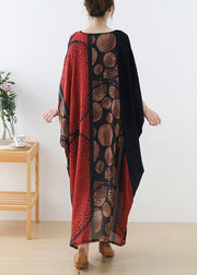 Plus Size Red V Neck Patchwork Silk Long Dress Batwing Sleeve