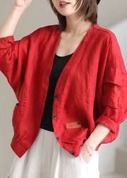 Plus Size Red V Neck Pockets Fall Coats Long sleeve