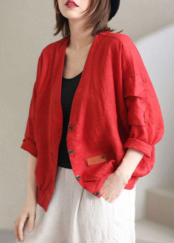 Plus Size Red V Neck Pockets Fall Coats Long sleeve