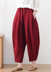 Plus Size Red Wrinkled Draping Pockets Linen Wide Leg Pants Summer